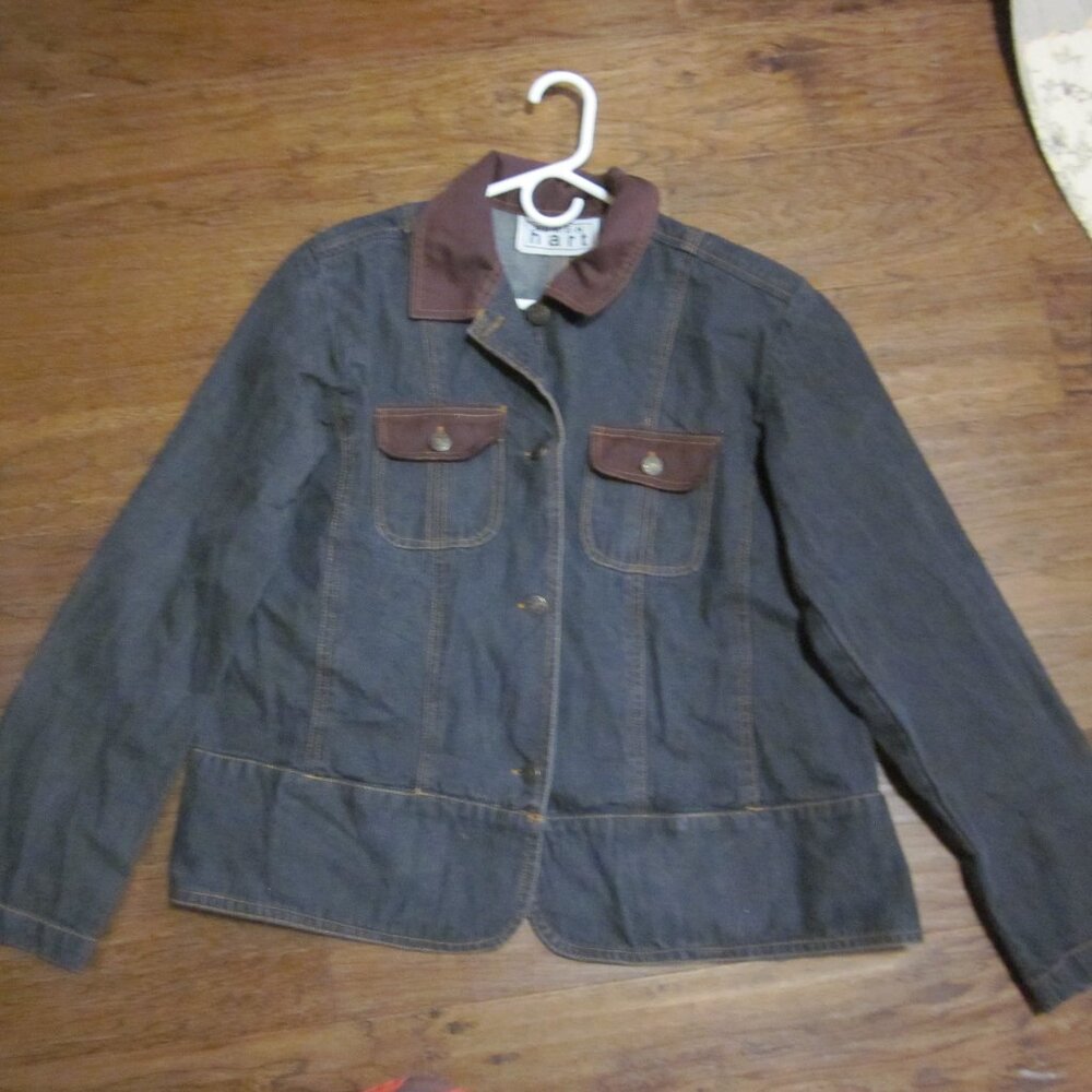 Vtg Keren Hart Denim Chore Coat LG brown canvas trim collar pockets